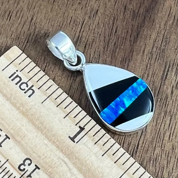 Blue Fire Opal Pendant Pure Sterling Silver 925 Shell Onyx Inlay Stripe New - Picture 8 of 9